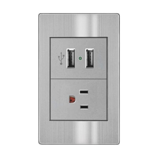 PLACA CONTACTO SENCILLO 90-277VCA Y CONVERTIDOR DE VOLTAJE DOBLE USB 5VCD 2.1A ACERO INOX. GRIS 77X124MM